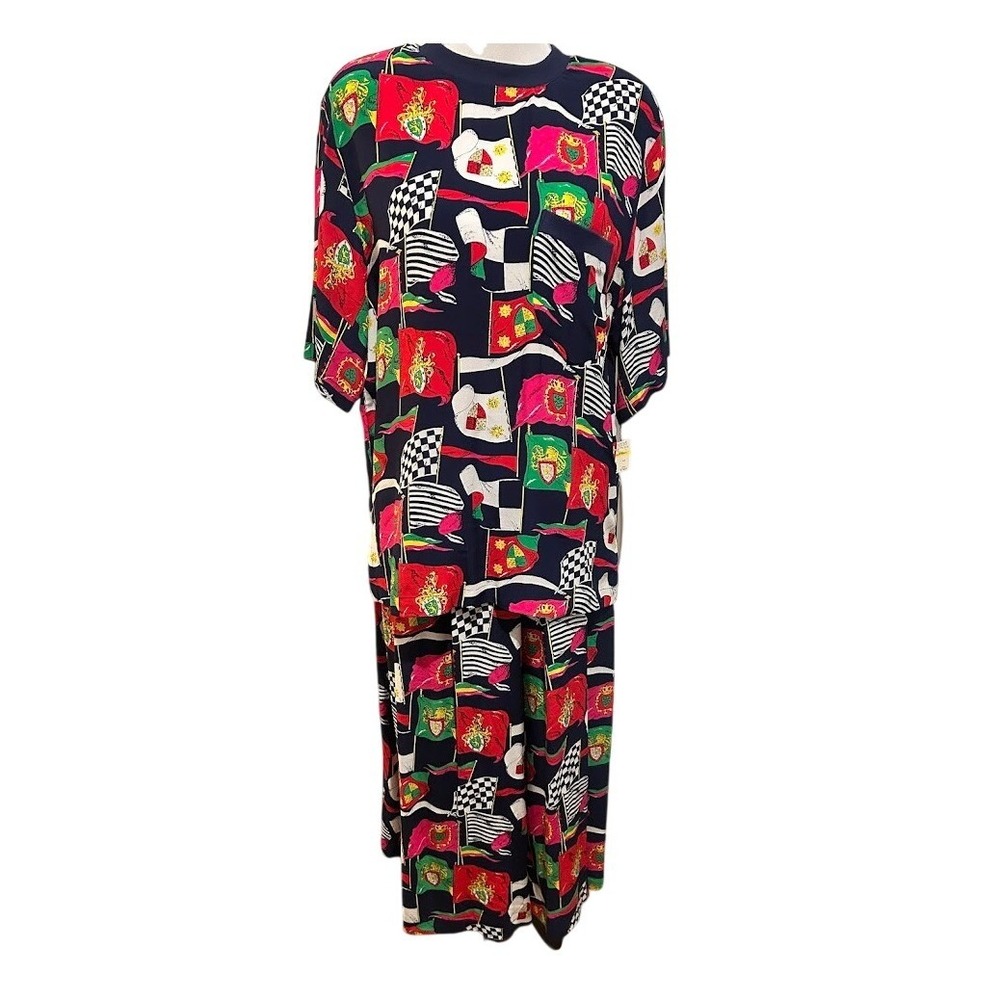 Vintage NWT August Silk Diane Gilman 90s Silk 2 Piece Flag Print Top and Pants L